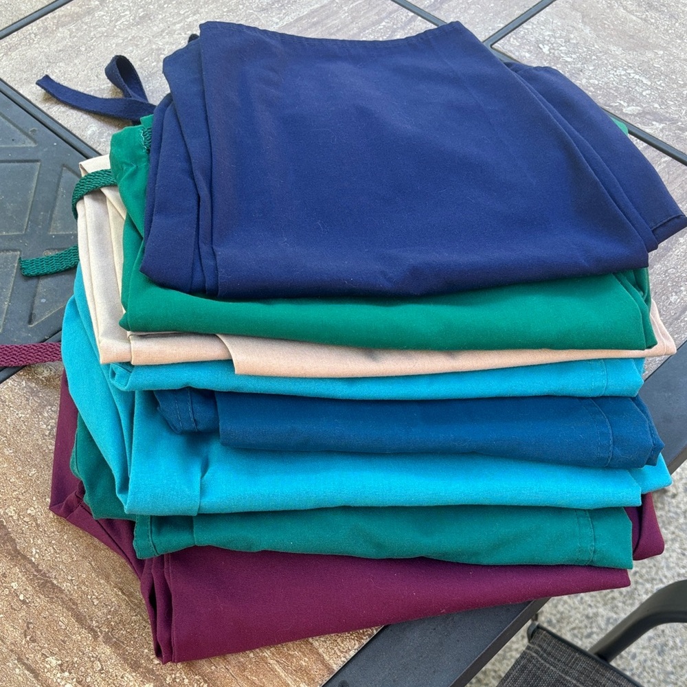 Stack of Solid Color Scrub Pants - Navy, Teal, Aqua, Green, Burgundy, Beige